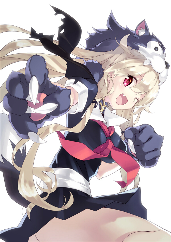 1girl animal_hood bangs black_skirt blonde_hair blush breasts claws dog_hood eyebrows_visible_through_hair fake_tail fang gloves hair_flaps hair_ribbon hood kantai_collection long_hair medium_breasts one_eye_closed open_mouth paw_gloves paws pleated_skirt red_eyes red_neckwear remodel_(kantai_collection) ribbon sailor_collar sasaki_mutsumi school_uniform serafuku short_sleeves simple_background skirt solo tail white_background yuudachi_(kantai_collection)