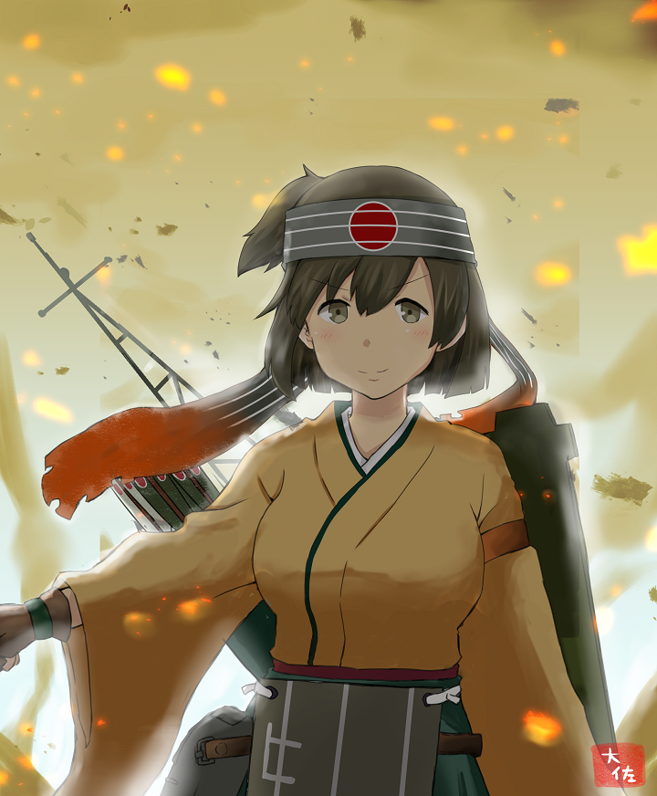 1girl apron artist_name breasts brown_gloves brown_hair commentary_request fire flight_deck gloves green_hakama hakama headband hiryuu_(kantai_collection) japanese_clothes kantai_collection kimono large_breasts looking_at_viewer one_side_up partly_fingerless_gloves short_hair single_glove solo taisa_(kari) yellow_kimono yugake