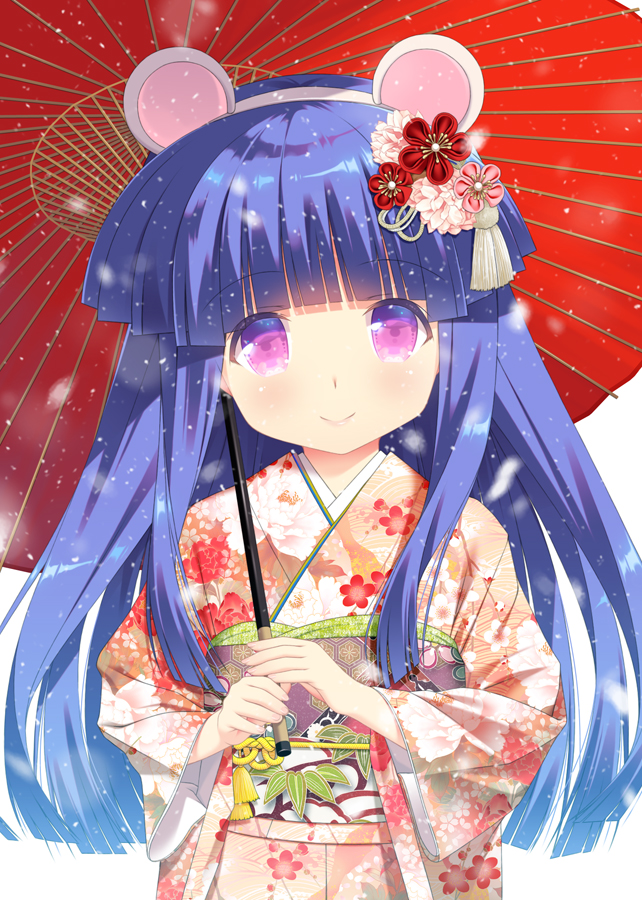 1girl animal_ears bangs blue_hair blunt_bangs blush chinese_zodiac closed_mouth eyebrows_visible_through_hair fake_animal_ears floral_print flower furude_rika gaou hair_flower hair_ornament hairband higurashi_no_naku_koro_ni holding holding_umbrella japanese_clothes kimono long_hair long_sleeves mouse_ears nengajou new_year obi oriental_umbrella pink_flower print_kimono red_umbrella sash smile solo umbrella upper_body very_long_hair violet_eyes white_background white_hairband wide_sleeves year_of_the_rat