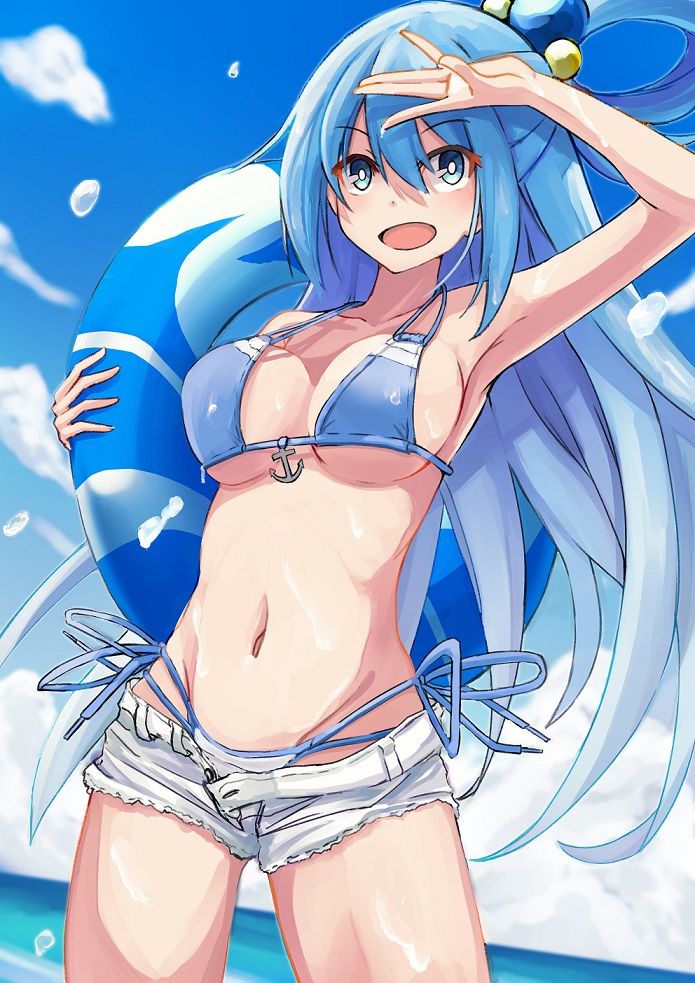 1girl alternate_costume aqua_(konosuba) bangs bikini blue_bikini blue_eyes blue_hair breasts clouds commentary_request day eyebrows_visible_through_hair hair_ornament holding holding_innertube innertube kono_subarashii_sekai_ni_shukufuku_wo! long_hair open_clothes open_mouth open_shorts outdoors shorts smile solo swimsuit water white_bikini_bottom yuuka_(a0240765)