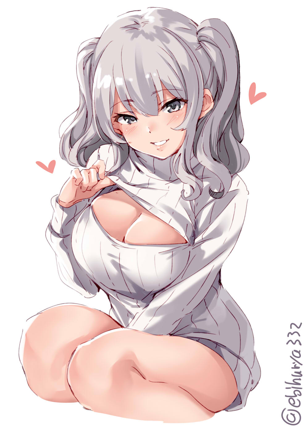 1girl alternate_costume bare_legs breasts cleavage_cutout cropped_legs dress ebifurya grey_eyes grey_sweater head_tilt heart highres kantai_collection kashima_(kantai_collection) large_breasts lifted_by_self lips long_hair long_sleeves looking_at_viewer meme_attire open-chest_sweater parted_lips ribbed_sweater sidelocks silver_hair solo spoken_heart sweater sweater_dress thighs tsurime turtleneck turtleneck_sweater twintails twitter_username wavy_hair white_background