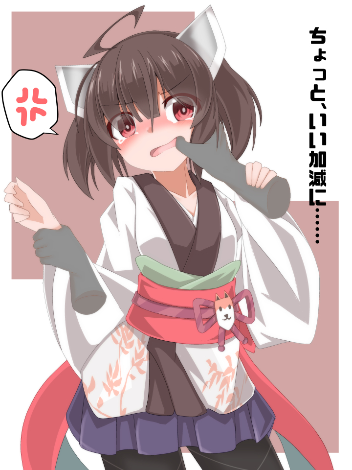 1girl ahoge anger_vein ao_(aoblueao) bangs black_legwear blue_skirt blush brown_background brown_hair eyebrows_visible_through_hair finger_in_mouth hair_between_eyes headgear japanese_clothes kimono long_sleeves nose_blush obi open_mouth pantyhose pleated_skirt red_eyes sash skirt solo_focus spoken_anger_vein tears touhoku_kiritan translation_request twintails two-tone_background voiceroid white_background white_kimono wide_sleeves wrist_grab