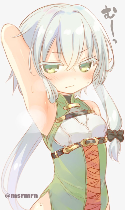 1girl armpits bangs bare_shoulders black_bow blush bow breasts closed_mouth colored_eyelashes dress eyebrows_visible_through_hair goblin_slayer! green_dress green_eyes grey_background hair_between_eyes hair_bow high_elf_archer_(goblin_slayer!) long_hair looking_at_viewer marshmallow_mille sidelocks silver_hair simple_background sleeveless sleeveless_dress small_breasts solo sweat twitter_username upper_body very_long_hair wavy_mouth