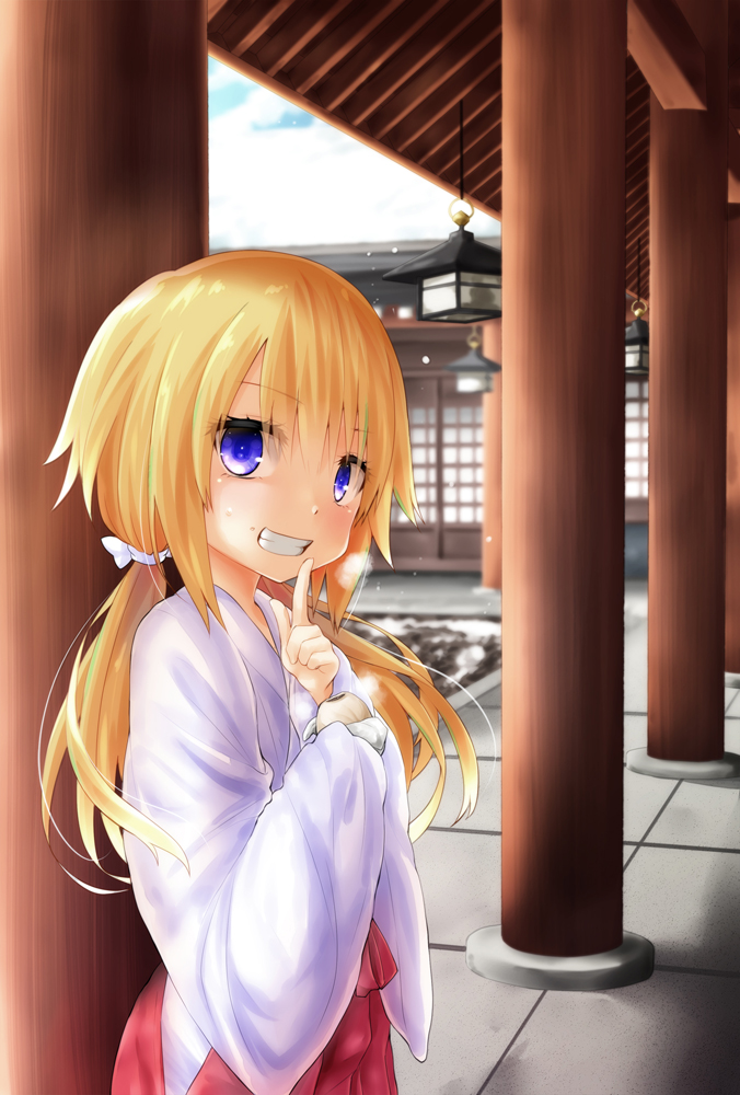 1girl bangs blonde_hair blush clouds cloudy_sky commentary_request day eyebrows_visible_through_hair food grin hair_between_eyes hakama holding holding_food index_finger_raised japanese_clothes kimono long_hair long_sleeves low_twintails original outdoors pillar red_hakama sky smile solo standing steam sweat twintails violet_eyes watarui white_kimono wide_sleeves