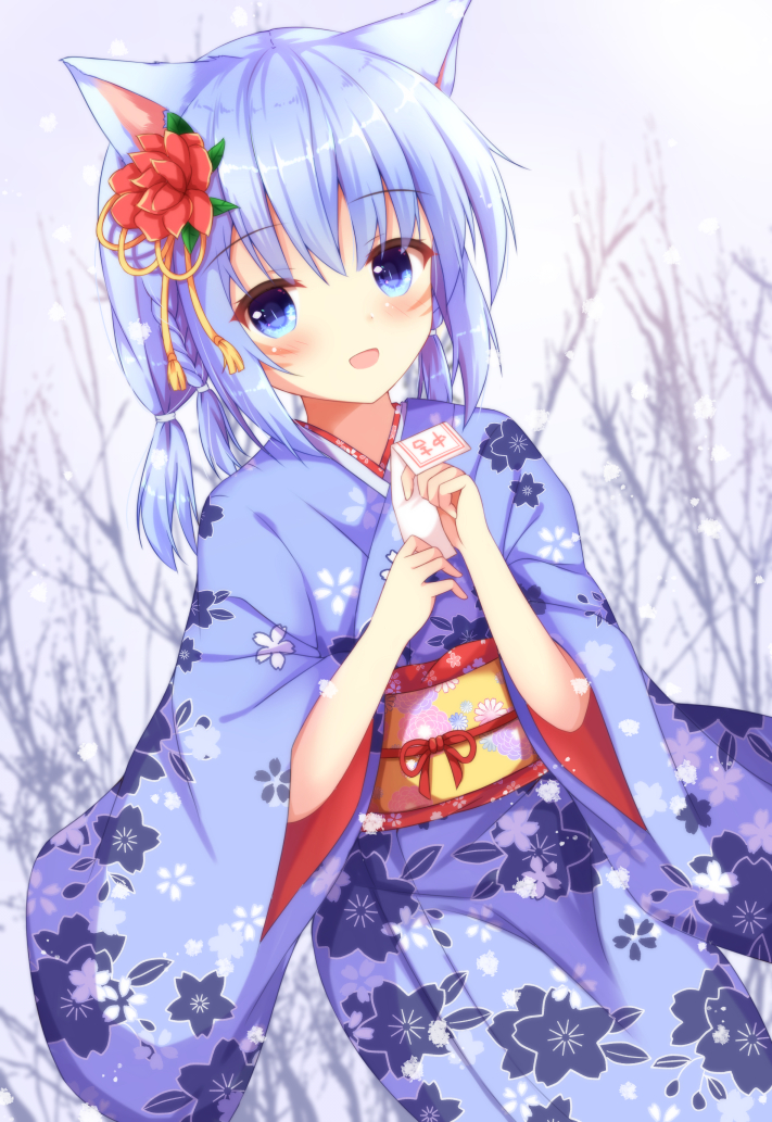 1girl :d animal_ears bare_tree blue_eyes blue_hair blue_kimono blush braid cat_ears cherry_blossom_print commentary_request dutch_angle facial_mark final_fantasy final_fantasy_xiv floral_print flower hair_flower hair_ornament hands_up holding japanese_clothes kedama_(kedama_akaza) kimono looking_at_viewer miqo'te new_year obi open_mouth print_kimono red_flower sash short_sleeves smile snowing solo tree wide_sleeves
