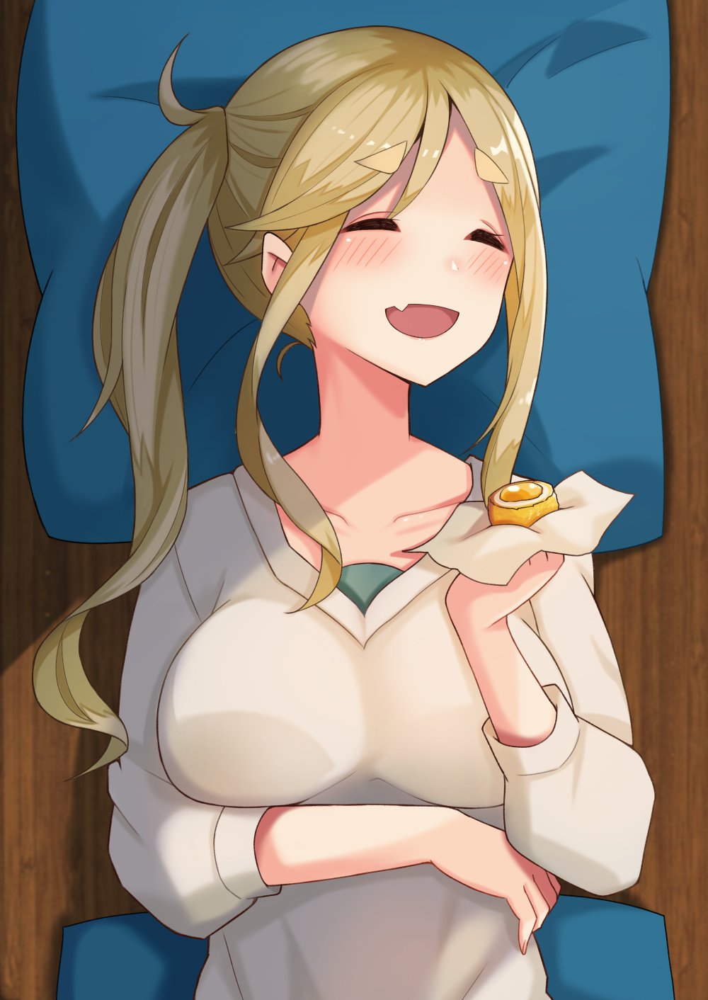 1girl arm_across_waist blonde_hair blush breasts closed_eyes fang highres inuyama_aoi large_breasts one-piece_swimsuit pillow plan_(planhaplalan) skin_fang smile solo sweater swimsuit twintails upper_body yurucamp