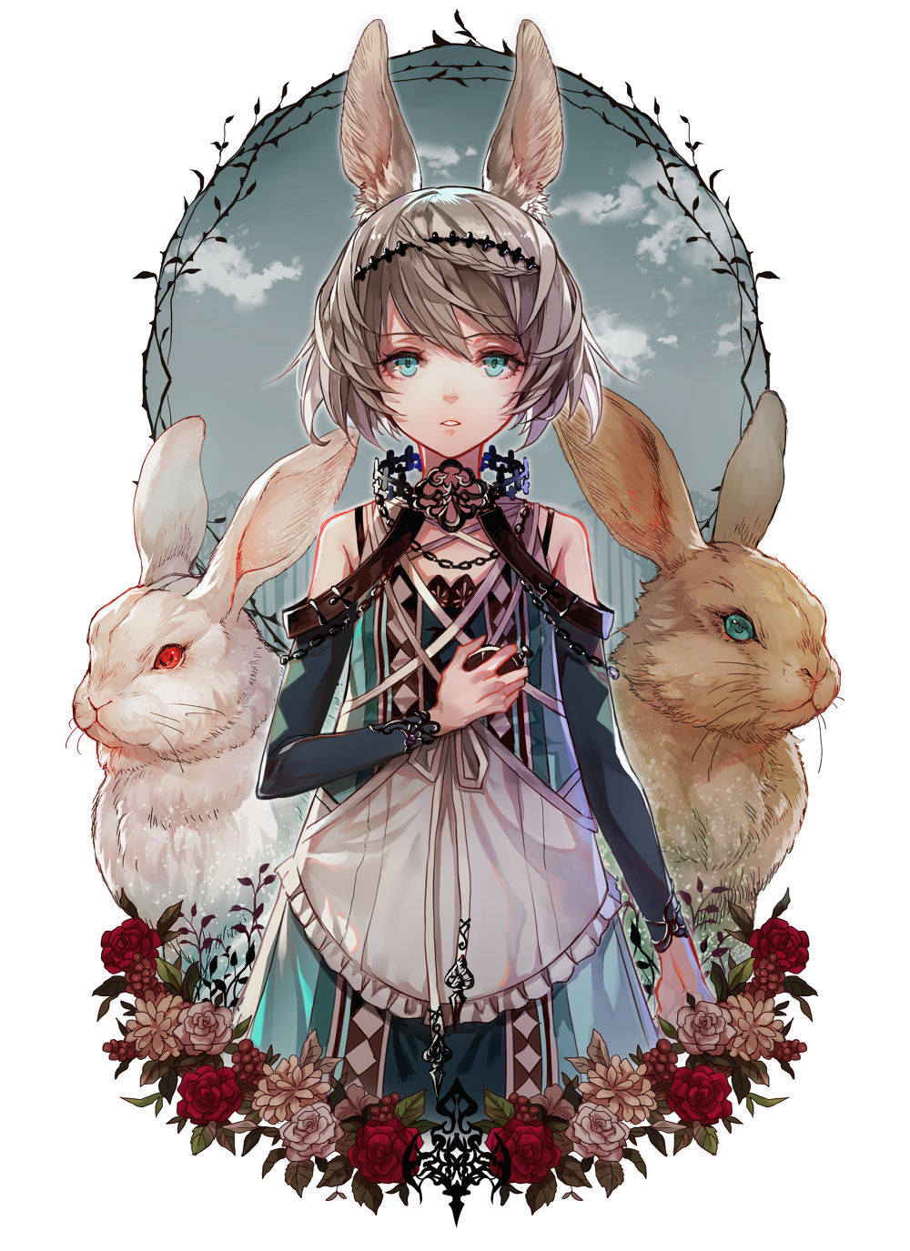 1girl animal animal_ears apron aqua_eyes bare_shoulders blue_eyes clouds collar cowboy_shot detached_sleeves dress flower flower_wreath grey_hair hand_on_own_chest highres looking_at_viewer open_mouth original outstretched_arm oversized_animal rabbit rabbit_ears red_eyes rose senano-yu sky