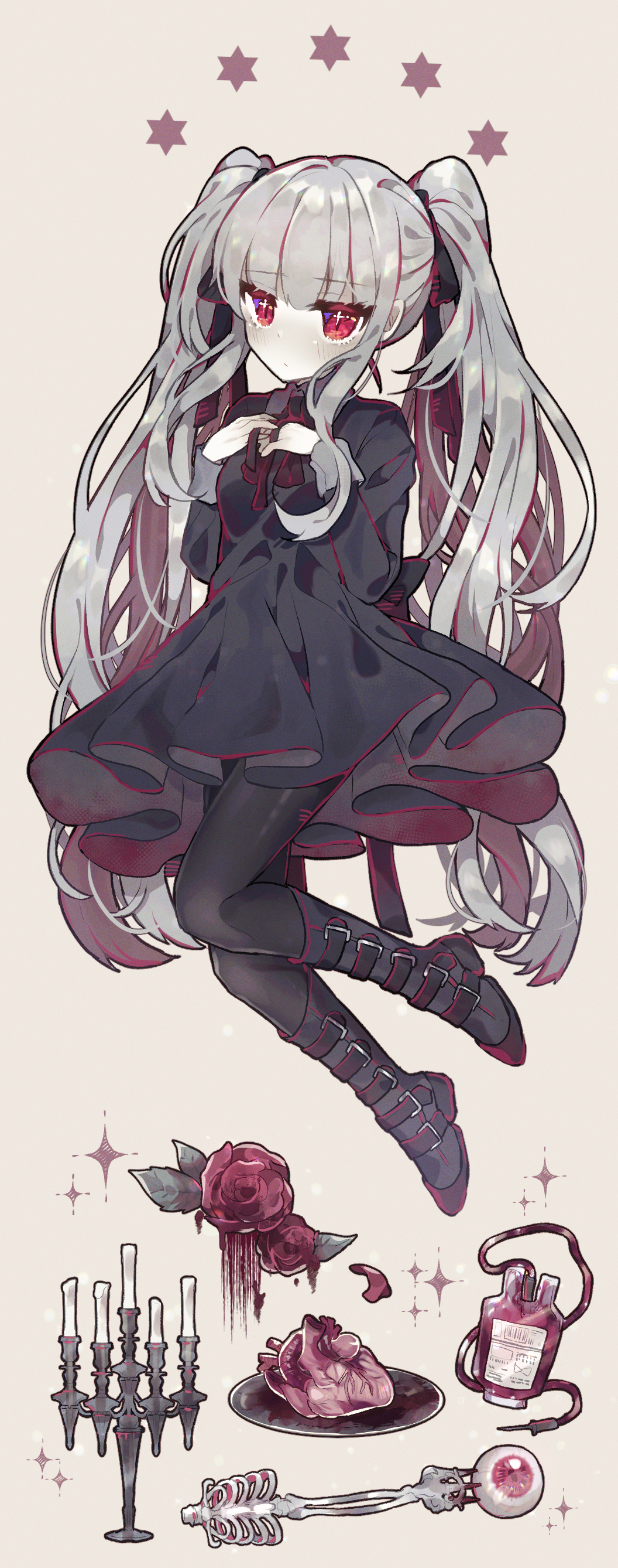 +_+ 1girl absurdres bangs beige_background black_dress black_legwear blood blood_bag blunt_bangs blush boots candlestand dress eyeball eyebrows_visible_through_hair flower fork full_body gothic_lolita grey_hair hands_on_own_chest heart_(organ) highres knee_boots limited_palette lolita_fashion long_hair looking_at_viewer mogmogyasai multicolored multicolored_eyes original outline plate ribs rose simple_background solo sparkle star symbol-shaped_pupils twintails vampire very_long_hair