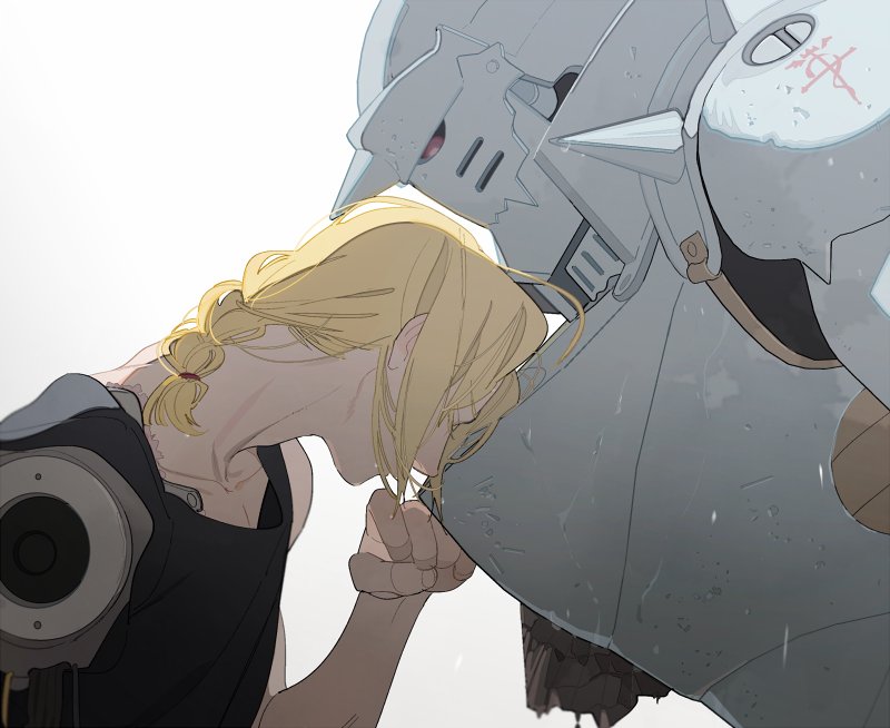 2boys alphonse_elric armor bangs blonde_hair braid brothers closed_eyes closed_mouth collarbone edward_elric eyebrows_visible_through_hair from_side full_armor fullmetal_alchemist long_hair male_focus mechanical mechanical_arm multiple_boys p0ckylo siblings simple_background upper_body white_background