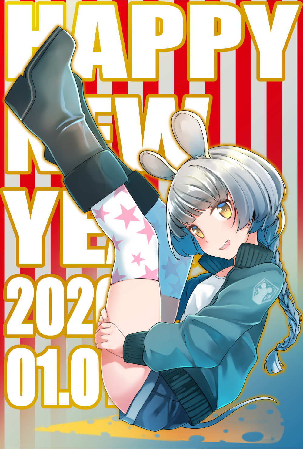 1girl :d animal_ear_fluff animal_ears bangs black_footwear blue_jacket blue_shorts blush boots braid brown_eyes chinese_zodiac comah commentary_request dated full_body grey_hair happy_new_year highres jacket legs_up long_hair mouse_ears mouse_girl mouse_tail new_year open_mouth original print_legwear shirt short_shorts shorts smile solo star star_print tail thigh-highs upper_teeth white_legwear white_shirt year_of_the_rat