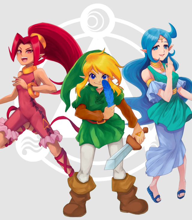 1boy 2girls blonde_hair blue_dress blue_eyes blue_hair boots bracelet din dress feathers green_headwear green_tunic jewelry link long_hair looking_at_viewer multiple_girls nayru necklace pointy_ears ponytail red_eyes redhead sandals sword tan the_legend_of_zelda the_legend_of_zelda:_oracle_of_ages the_legend_of_zelda:_oracle_of_seasons user_tffd2482 weapon