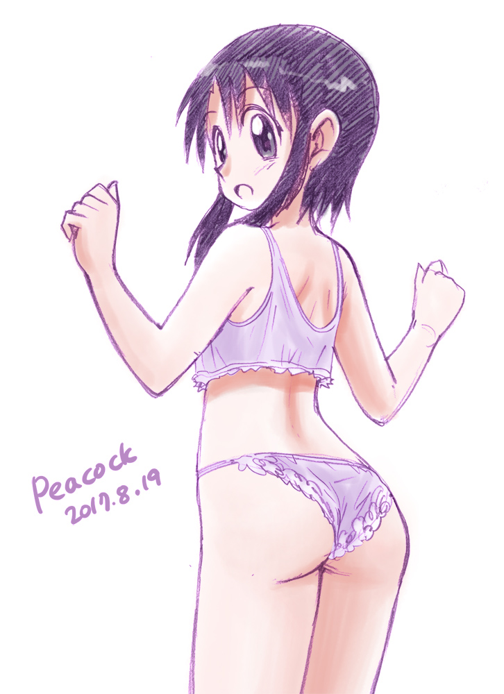 1girl ass azumanga_daioh back black_eyes black_hair blush bra commentary_request cowboy_shot dated eyebrows_visible_through_hair frilled_bra frilled_panties frills from_behind graphite_(medium) hands_up kurosawa_minamo lingerie looking_back open_mouth panties pantyshot pantyshot_(standing) peacock_(p-location) short_hair sidelocks signature simple_background solo standing traditional_media underwear white_background