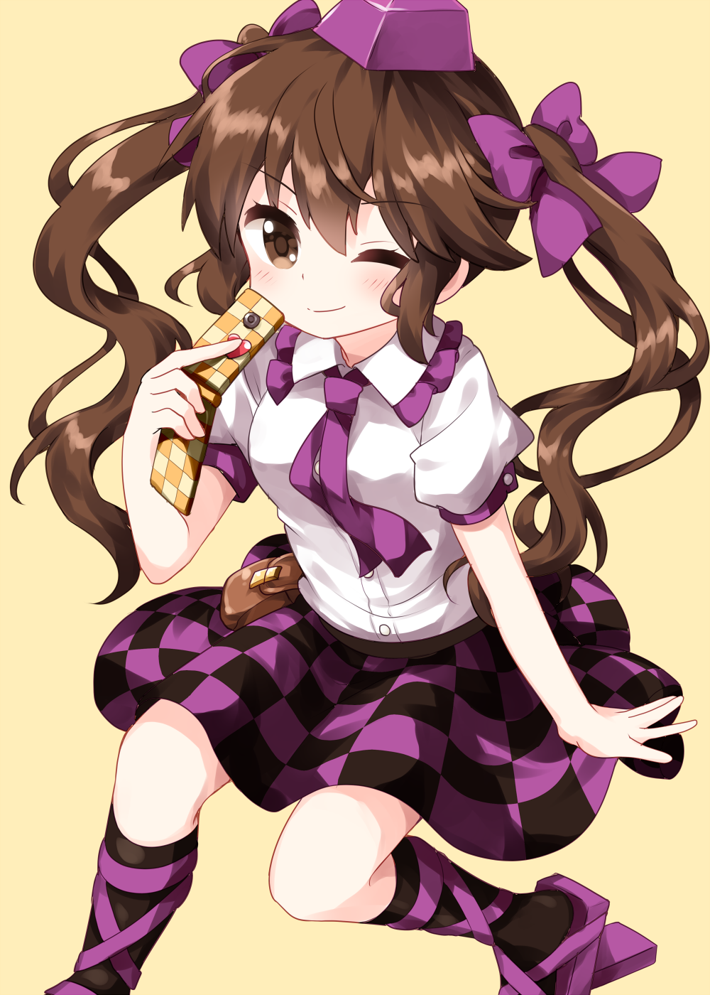 1girl ;) bangs beige_background black_legwear black_skirt blush bow breasts brown_eyes brown_hair cellphone checkered checkered_skirt commentary_request eyebrows_visible_through_hair frilled_shirt_collar frills geta hair_between_eyes hair_bow hand_up hat highres himekaidou_hatate holding holding_phone kneehighs long_hair looking_at_viewer miniskirt necktie one_eye_closed phone pouch puffy_short_sleeves puffy_sleeves purple_bow purple_footwear purple_neckwear purple_skirt ruu_(tksymkw) shirt short_sleeves sidelocks simple_background skirt small_breasts smile solo tengu-geta tokin_hat touhou twintails white_shirt
