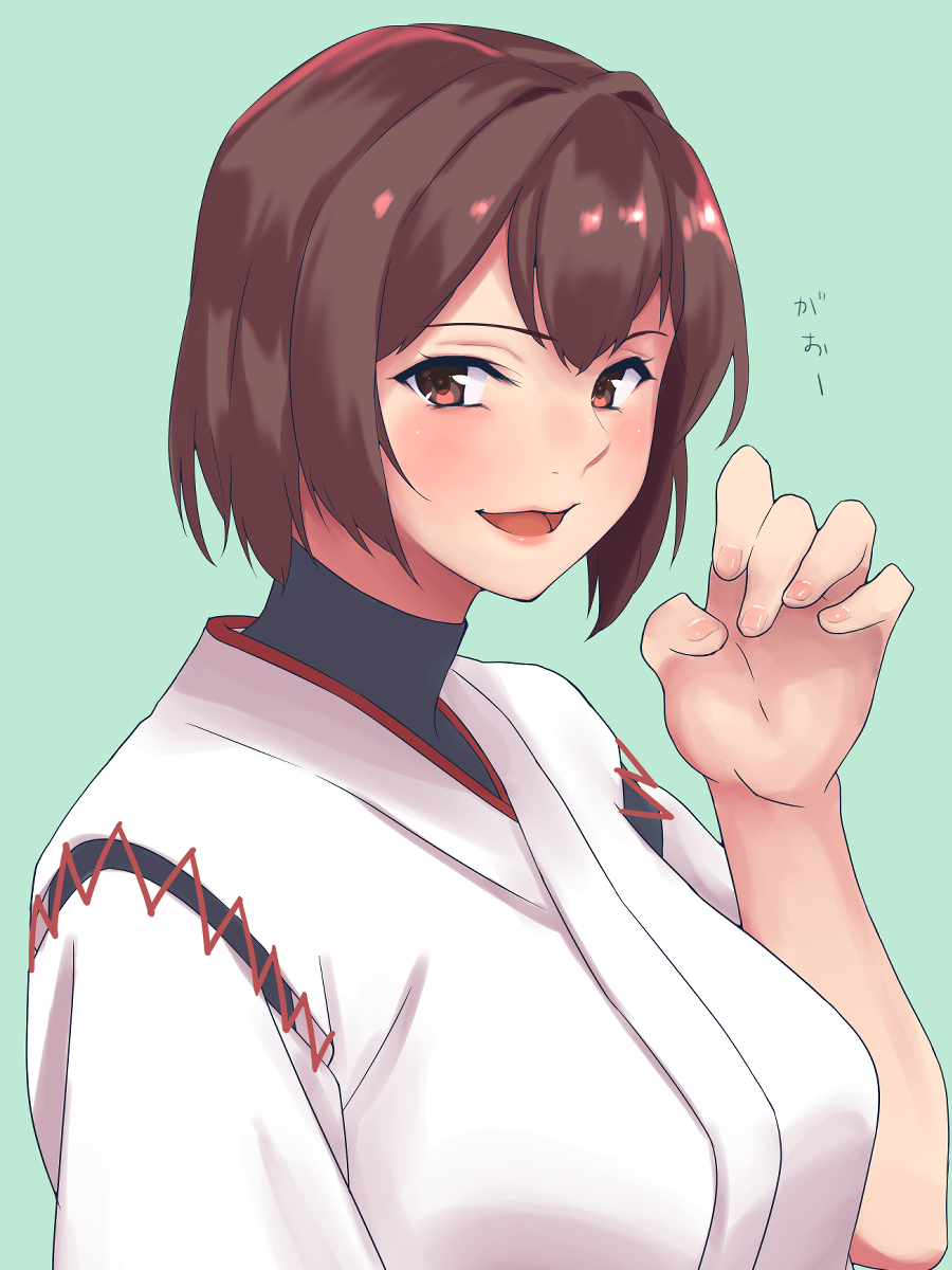 1girl blue_background brown_eyes brown_hair curled_fingers highres hyuuga_(kantai_collection) japanese_clothes kantai_collection kimono lips looking_at_viewer remodel_(kantai_collection) shingyo short_hair simple_background smile solo undershirt upper_body white_kimono