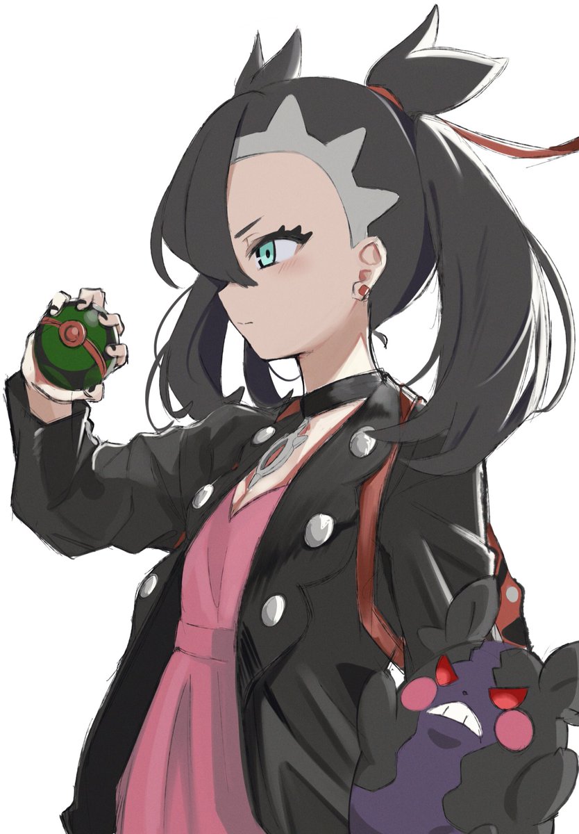 1girl aqua_eyes asymmetrical_bangs asymmetrical_hair bangs black_choker black_hair black_jacket black_nails choker closed_mouth commentary dress dusk_ball earrings fuyono_neru gen_8_pokemon hair_ribbon highres holding holding_poke_ball jacket jewelry long_sleeves looking_to_the_side mary_(pokemon) morpeko open_clothes open_jacket pendant pink_dress poke_ball pokemon pokemon_(creature) pokemon_(game) pokemon_swsh red_ribbon ribbon simple_background solo standing twintails upper_body white_background