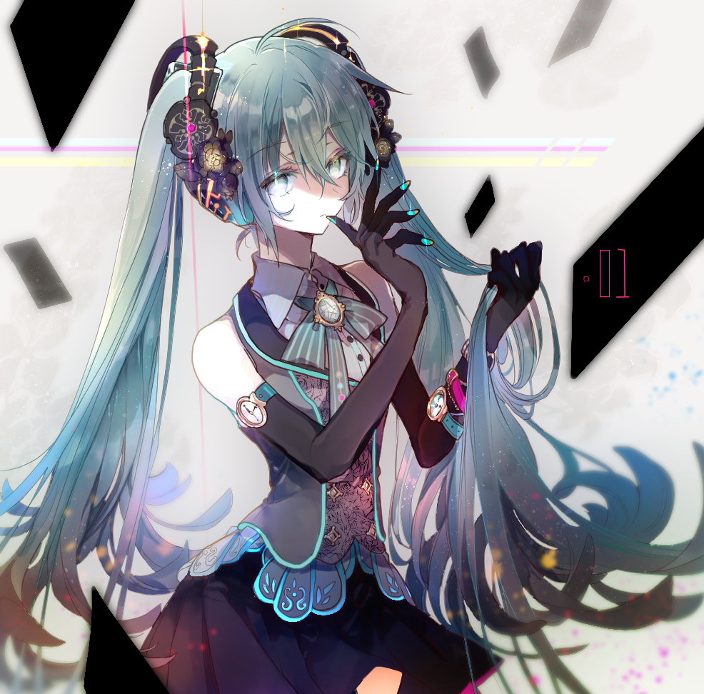 1girl adapted_costume aqua_eyes aqua_hair aqua_nails aqua_neckwear aqua_ribbon arm_belt bare_shoulders black_gloves black_skirt breasts brooch card closed_mouth colored_eyelashes cowboy_shot cyawa elbow_gloves finger_to_mouth frown glint gloves grey_background hair_between_eyes hair_ornament hatsune_miku headphones holding holding_hair index_finger_raised jewelry long_hair looking_at_viewer neck_ribbon number ribbon skirt sleeveless small_breasts solo twintails vocaloid watch watch