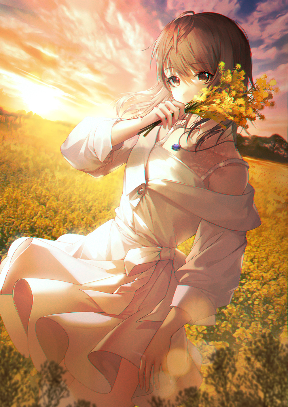 1girl brown_eyes brown_hair clouds day dress field flower flower_field hand_up highres holding holding_flower jewelry long_hair looking_at_viewer necklace original outdoors shadow shenteita solo standing white_dress
