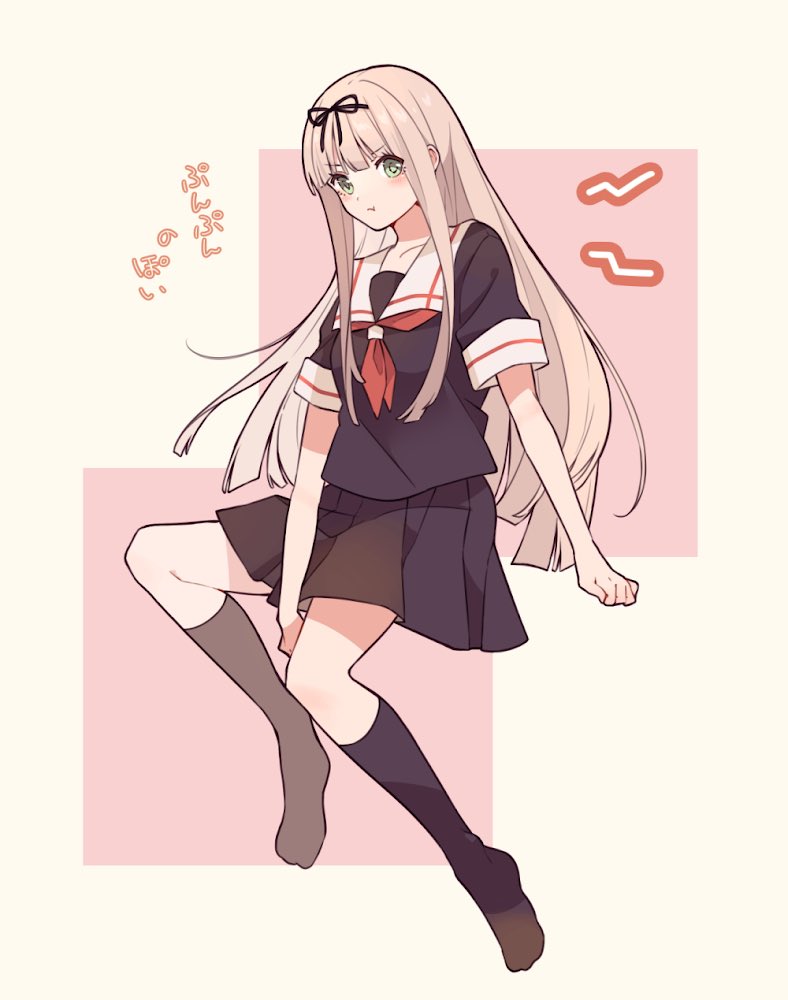 1girl :t black_ribbon black_serafuku blonde_hair blush eyebrows_visible_through_hair green_eyes hair_ribbon kantai_collection long_hair ribbon school_uniform serafuku shakemi_(sake_mgmgmg) skirt socks straight_hair yuudachi_(kantai_collection)