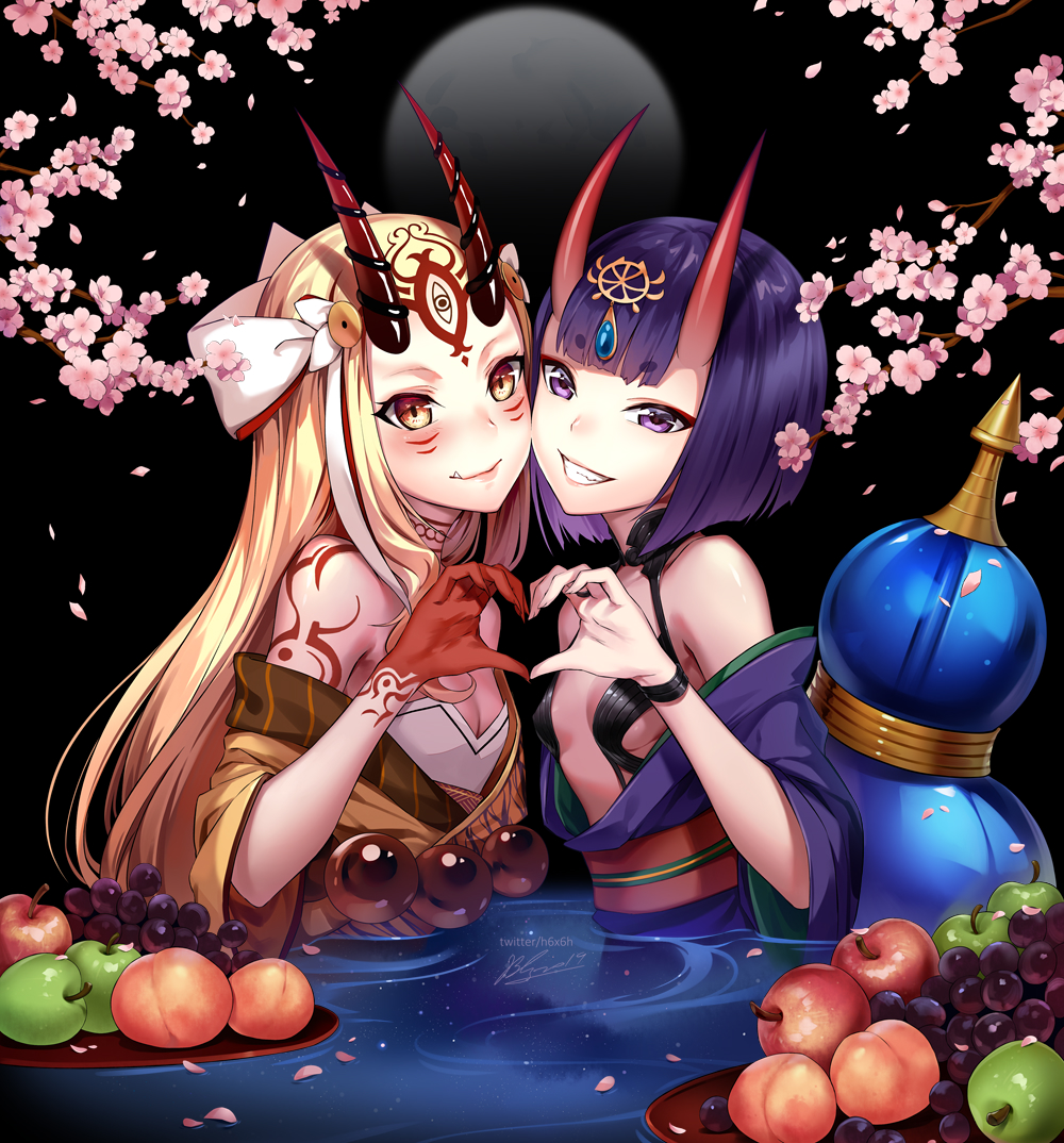 1991_(blz) 2girls bangs blonde_hair blunt_bangs breasts brown_eyes cherry_blossoms closed_mouth commentary_request eyebrows_visible_through_hair facial_mark fang fang_out fate/grand_order fate_(series) flower food forehead_mark fruit gourd grapes green_apple grin headpiece heart heart_hands heart_hands_duo horns ibaraki_douji_(fate/grand_order) japanese_clothes kimono long_hair multiple_girls obi off_shoulder oni oni_horns partially_submerged peach petals pink_flower purple_hair purple_kimono sash short_eyebrows shuten_douji_(fate/grand_order) small_breasts smile thick_eyebrows tree_branch violet_eyes yellow_kimono