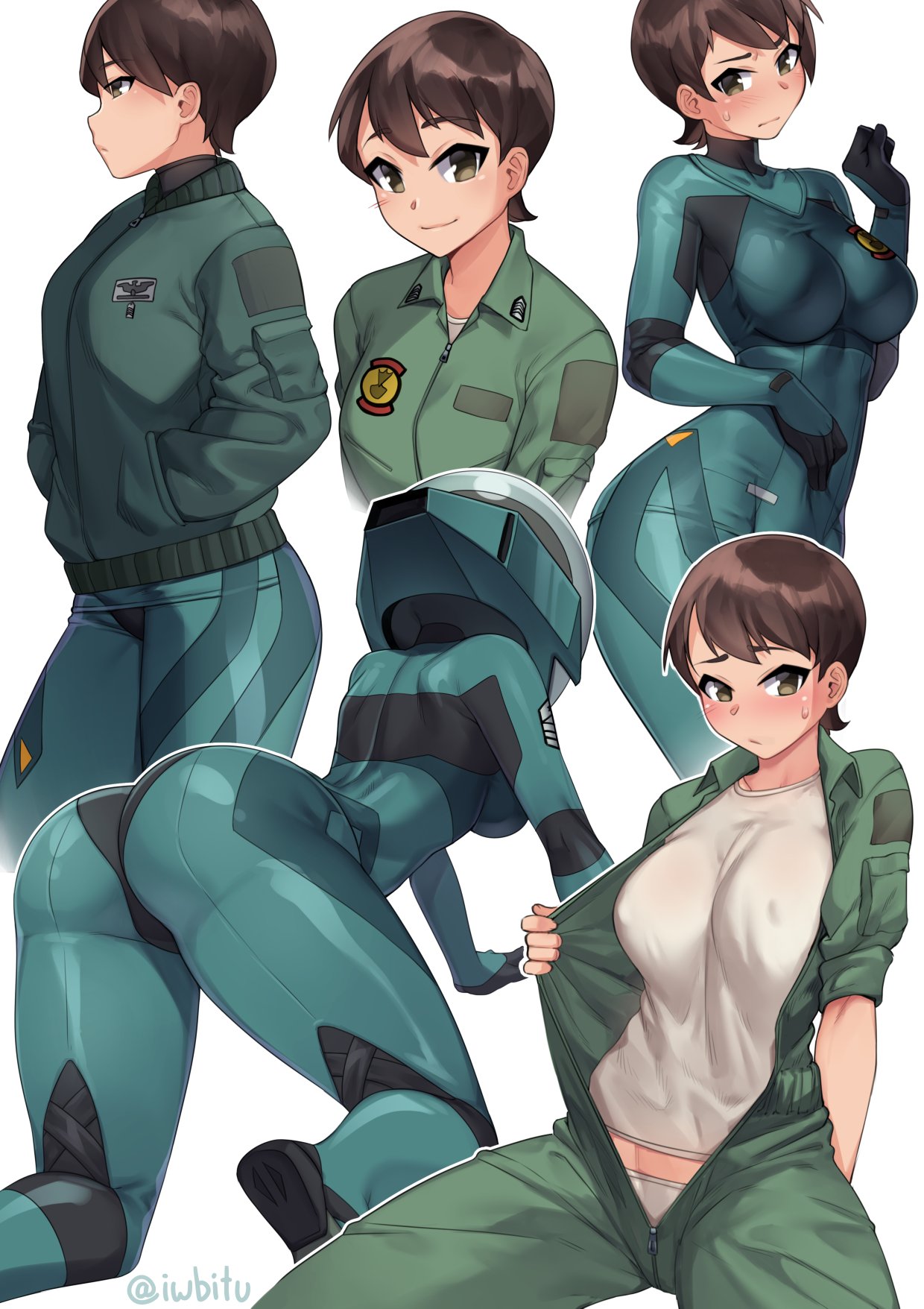 1girl all_fours artist_name ass bodysuit breasts brown_hair commentary covered_nipples english_commentary frown green_eyes hands_in_pockets helmet highres hisone_to_masotan hoshino_eri iwbitu-sa jacket jumpsuit large_breasts looking_at_viewer looking_away multiple_views open_jumpsuit pilot_suit shirt short_hair simple_background smile sweatdrop twitter_username white_background white_shirt