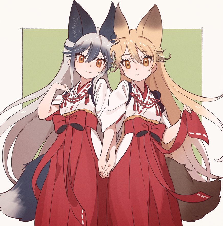 2girls 48a_1 animal_ears belt_bow blouse bow commentary cowboy_shot extra_ears eyebrows_visible_through_hair ezo_red_fox_(kemono_friends) fox_ears fox_girl fox_tail gradient_hair grey_hair hakama_skirt holding_hands japanese_clothes kemono_friends kemono_friends_3 long_hair long_skirt miko multicolored_hair multiple_girls orange_eyes orange_hair pleated_skirt red_bow red_skirt short_sleeves silver_fox_(kemono_friends) silver_hair skirt tail white_blouse white_hair