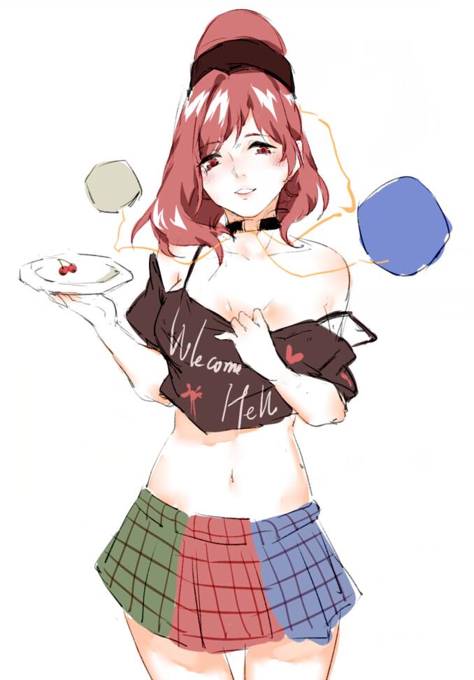 1girl bangs bare_shoulders black_choker black_shirt blue_skirt blush breasts cherry choker commentary_request cowboy_shot crop_top earth_(ornament) eyebrows_visible_through_hair food fruit green_skirt grin hand_up hecatia_lapislazuli holding holding_plate kagari6496 long_hair looking_at_viewer medium_breasts midriff miniskirt moon_(ornament) multicolored multicolored_clothes multicolored_skirt navel off-shoulder_shirt off_shoulder plate polos_crown red_eyes red_skirt redhead shirt short_sleeves simple_background skirt smile solo standing stomach strap_slip touhou white_background