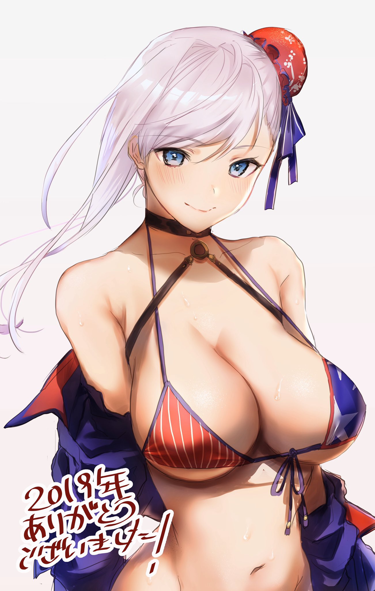 1girl akebono_kt bangs bare_shoulders bikini bikini_top blue_eyes breasts closed_mouth collarbone cosplay eyebrows_visible_through_hair fate/grand_order fate_(series) front-tie_bikini front-tie_top hair_bun highres jacket lips looking_at_viewer medium_breasts miyamoto_musashi_(fate/grand_order) navel off_shoulder pink_hair shiny shiny_hair simple_background solo stomach striped sweat sweatdrop swimsuit tied_hair upper_body