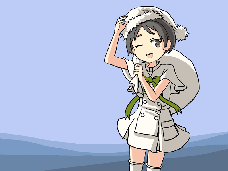 1girl adrian_ferrer alternate_costume bangs black_hair brown_eyes commentary cowboy_shot dress english_commentary fur-trimmed_hat fur_trim green_ribbon hat kantai_collection looking_at_viewer maru-yu_(kantai_collection) multicolored multicolored_background parted_bangs ribbon sack santa_hat short_hair smile solo standing thigh-highs white_dress white_headwear white_legwear