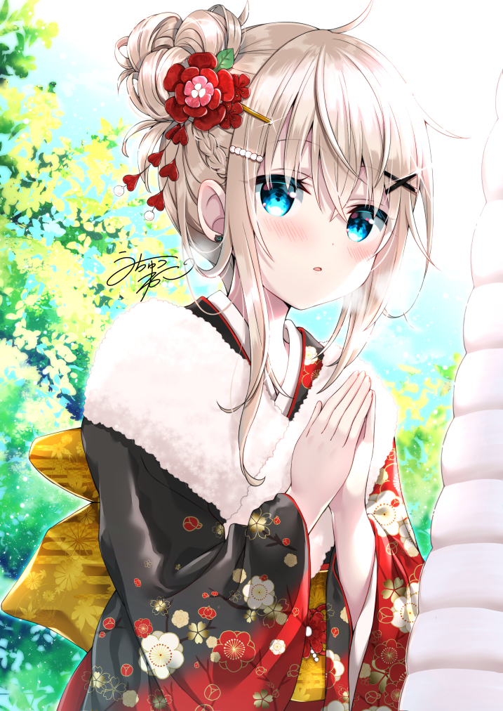 bangs black_kimono blonde_hair blue_eyes blue_sky blush breath clouds cloudy_sky commentary_request day eyebrows_visible_through_hair floral_print flower hair_between_eyes hair_bun hair_flower hair_ornament hands_together heart japanese_clothes kimono long_sleeves looking_at_viewer obi original outdoors own_hands_together palms_together parted_lips print_kimono red_flower sash sky solo tia-chan uchuuneko upper_body wide_sleeves x_hair_ornament