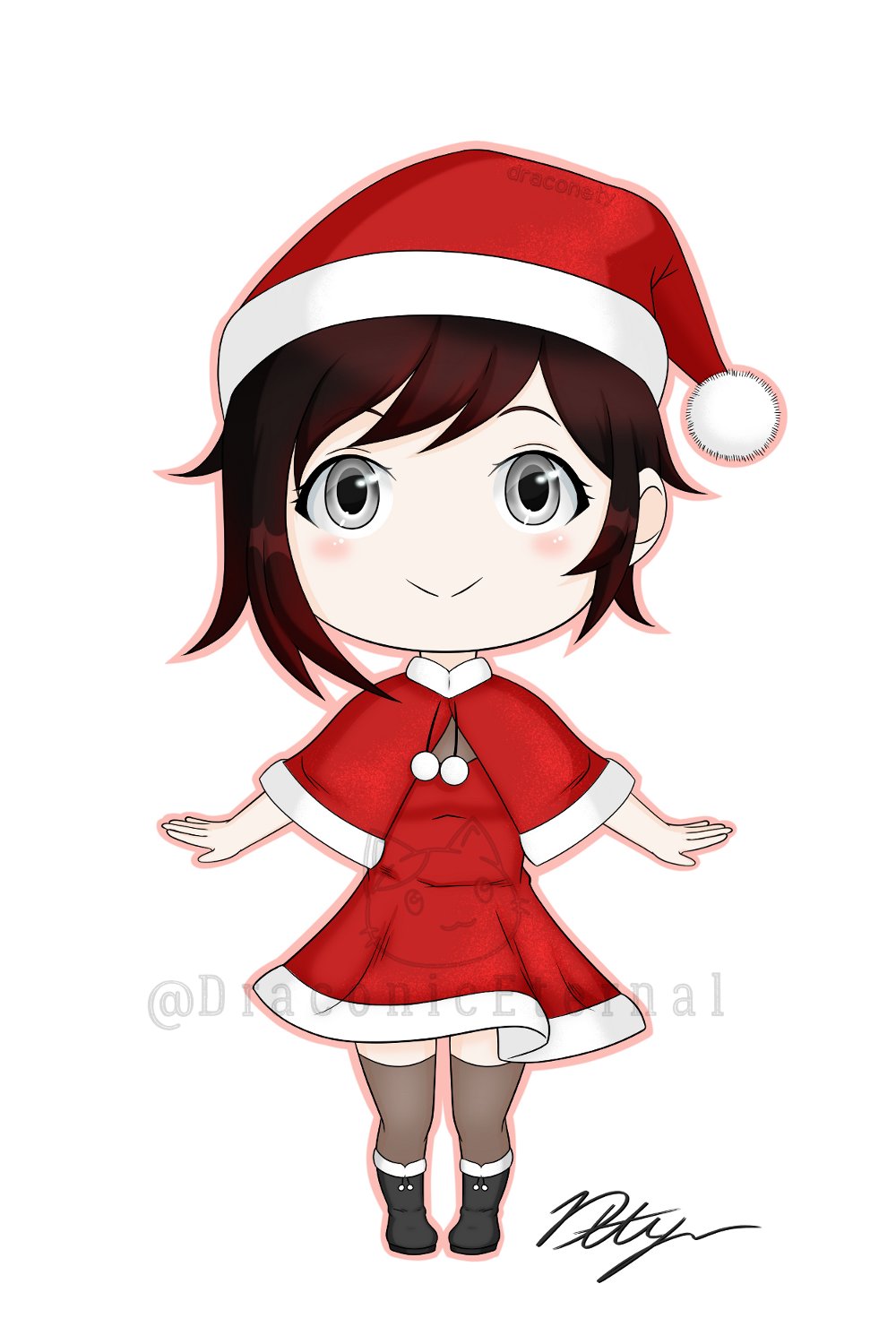 1girl ankle_boots artist_name black_hair blush_stickers boots chibi christmas commentary draconety dress ears grey_eyes hat highres looking_at_viewer multicolored_hair redhead ruby_rose rwby santa_costume santa_hat short_hair signature smile solo thigh-highs watermark