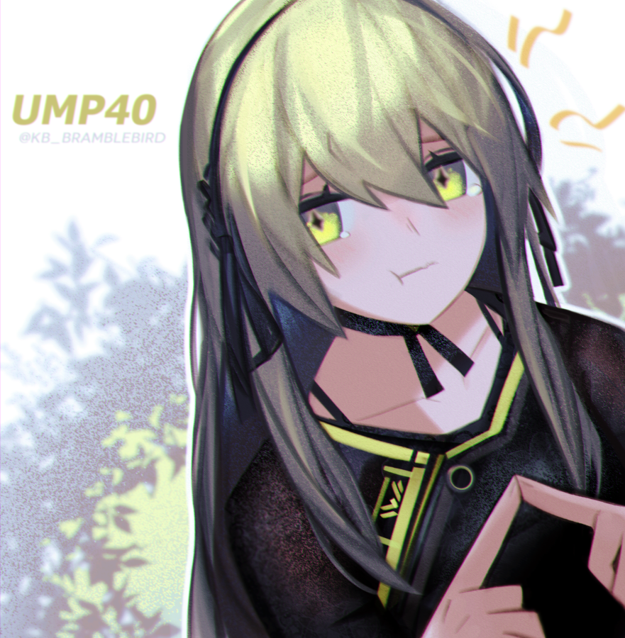 1girl :t black_dress black_hairband blush choker commentary dress english_commentary flat_chest girls_frontline green_eyes green_hair hairband kky long_hair looking_at_viewer pout ribbon_choker solo star star-shaped_pupils steepled_fingers symbol-shaped_pupils tearing_up twitter_username ump40_(girls_frontline)