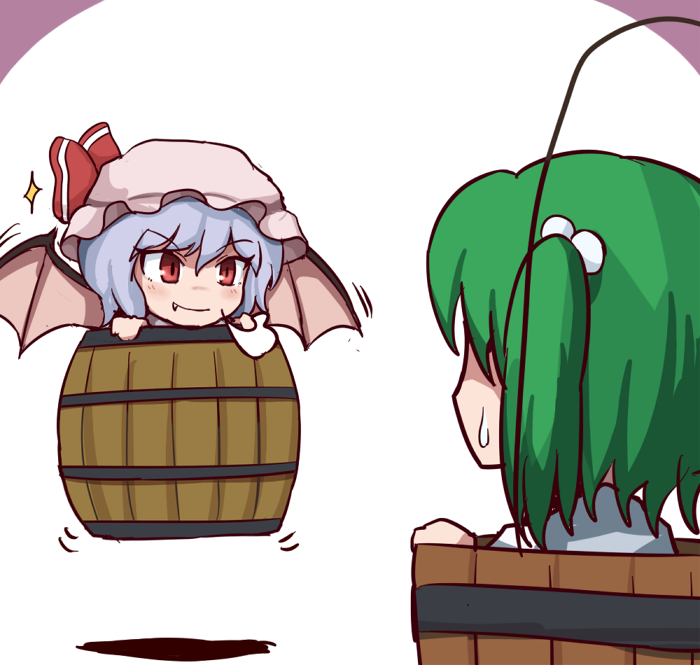 &gt;:) 2girls =3 barrel bat_wings blue_hair blush bow bucket eyebrows_visible_through_hair fang fang_out flapping floating green_hair hair_bobbles hair_ornament hat hat_bow in_bucket in_container kisume looking_at_another mob_cap multiple_girls nikori peeking_out red_eyes remilia_scarlet shirt short_hair short_twintails simple_background sparkle sweatdrop touhou twintails vignetting white_background white_shirt wings