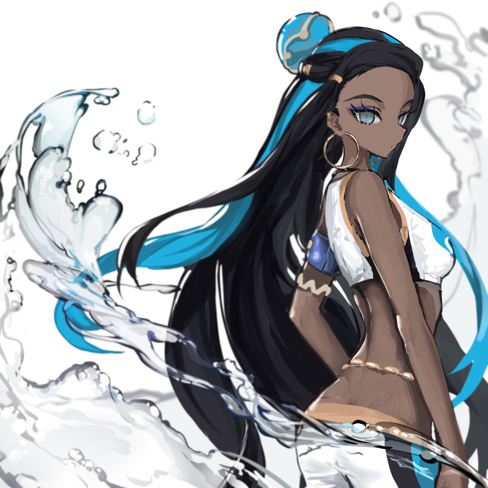 1girl armlet black_hair blue_eyes blue_eyeshadow blue_hair breasts dark_skin earrings eyelashes eyeshadow gym_leader hair_bun hoop_earrings jewelry lips long_hair makeup multicolored_hair naruwe pokemon pokemon_(game) pokemon_swsh rurina_(pokemon) solo swimsuit tankini two-tone_hair water white_background