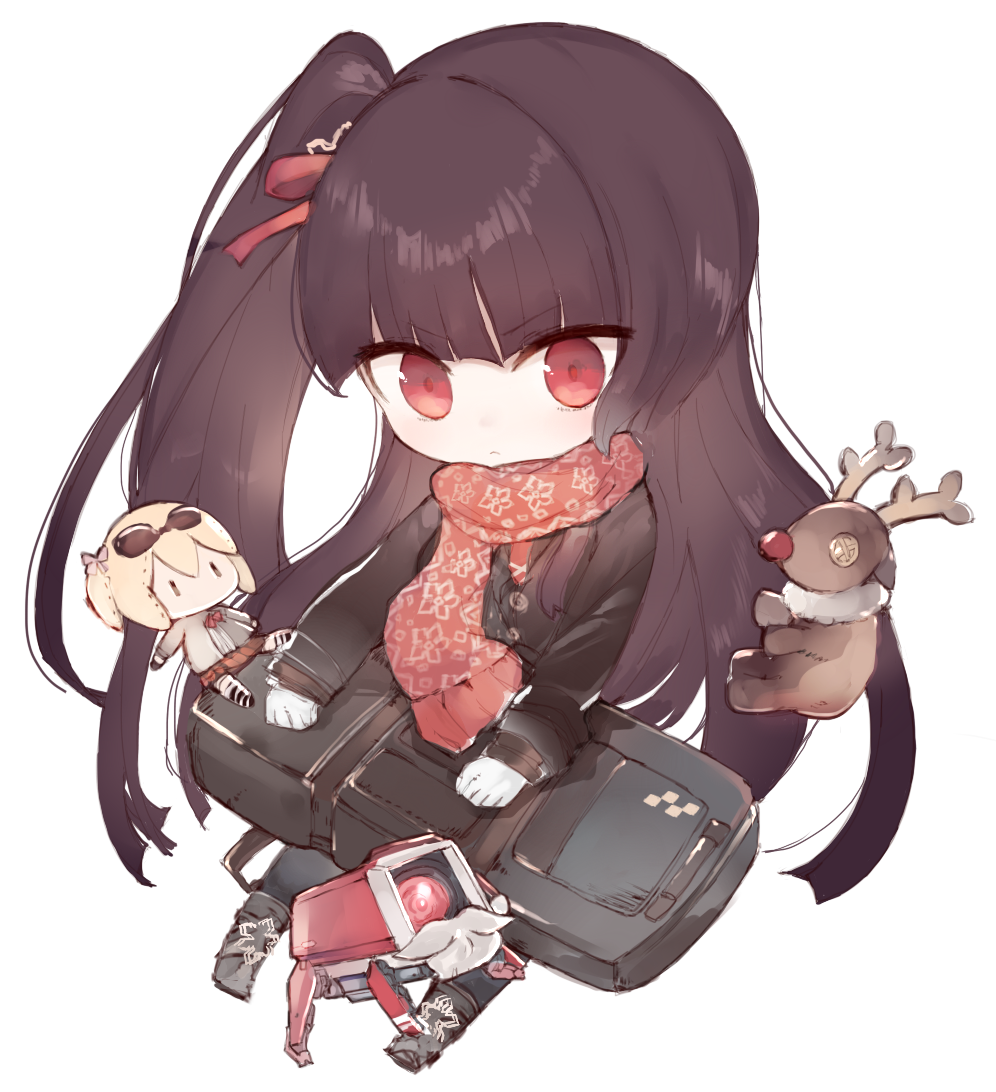 &gt;:( 1girl bangs black_hair black_jacket black_legwear boots character_doll chibi closed_mouth commentary_request dinergate_(girls_frontline) eyebrows_visible_through_hair fake_beard fake_facial_hair fake_mustache fringe_trim full_body girls_frontline grey_footwear hair_ribbon jacket kotatu_(akaki01aoki00) light_frown long_hair long_sleeves one_side_up pantyhose red_eyes red_ribbon red_scarf ribbon scarf simple_background sitting sleeves_past_wrists solo stuffed_animal stuffed_reindeer stuffed_toy v-shaped_eyebrows very_long_hair wa2000_(girls_frontline) white_background