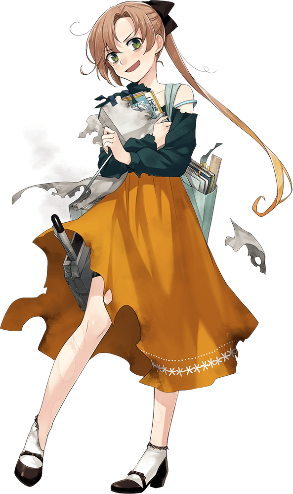 1girl akigumo_(kantai_collection) alternate_costume black_footwear black_ribbon blush brown_hair fujikawa green_eyes high_heels kantai_collection long_hair official_art open_mouth orange_skirt ponytail ribbon skirt smoke socks solo transparent_background white_legwear