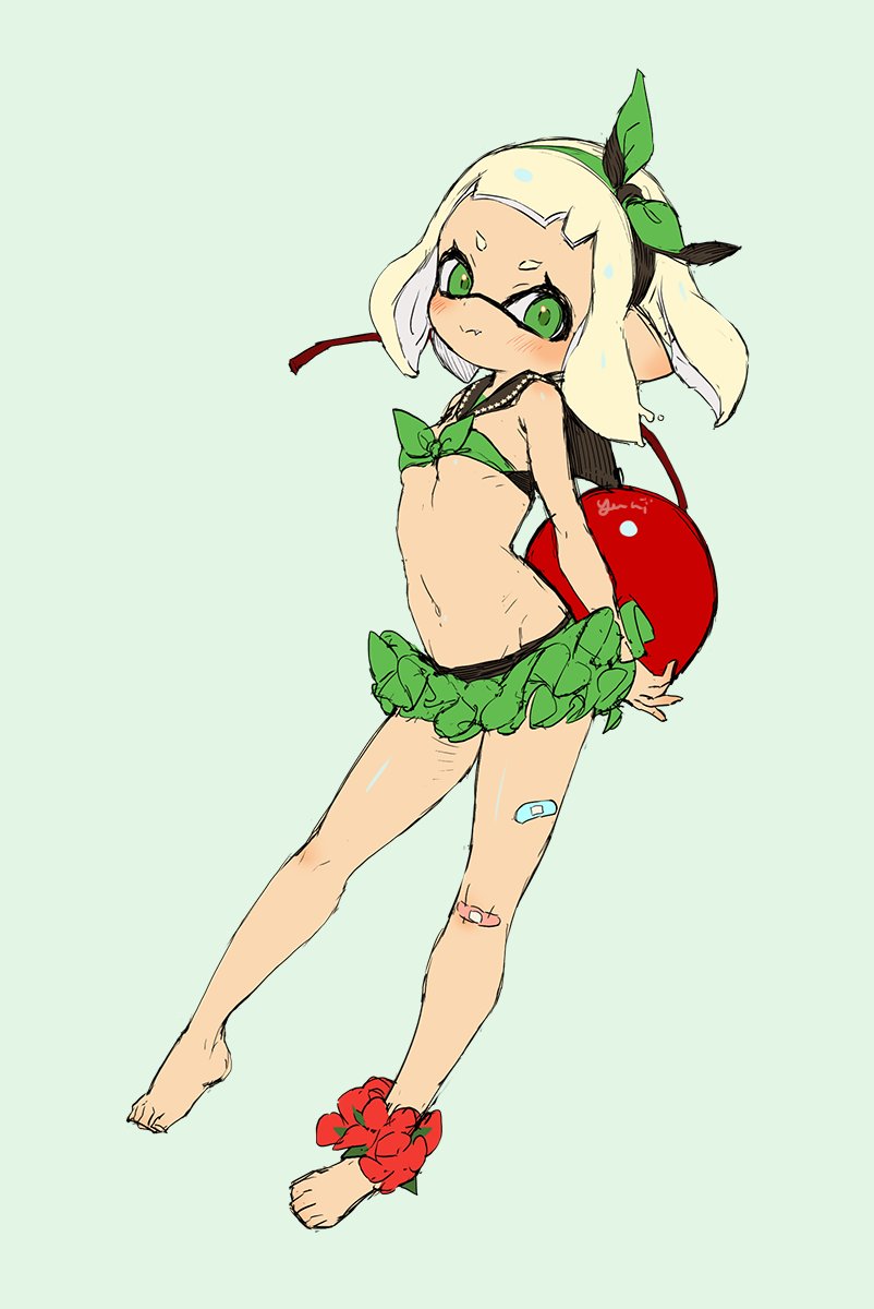 1girl ankle_boots bandaid bikini bikini_skirt boots breasts cherry_blossoms closed_mouth domino_mask fang food fruit green_background green_bikini green_eyes green_hairband hairband highres holding holding_food holding_fruit inkling looking_at_viewer mask oversized_object pointy_ears short_hair simple_background small_breasts smile solo splatoon_(series) standing swimsuit tan tentacle_hair white_hair yu-ri