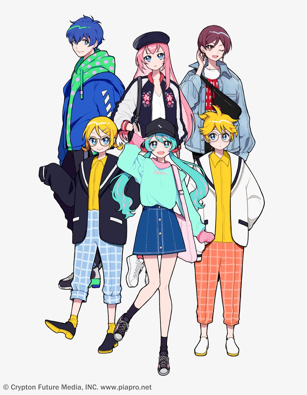 2boys 4girls aqua_eyes aqua_hair arm_up bag bangs black_headwear blonde_hair blue_eyes blue_hair bomber_jacket brown_eyes brown_hair character_name checkered checkered_legwear closed_mouth coat collar collarbone collared_shirt commentary_request glasses hair_between_eyes hair_ornament hairclip hat hatsune_miku highres hood hoodie jacket kagamine_len kagamine_rin kaito kisaragi_yuu_(fallen_sky) long_hair looking_at_viewer megurine_luka meiko multiple_boys multiple_girls official_art one_eye_closed open_mouth pants parted_lips pink_hair round_eyewear shirt shoelaces shoes short_hair skirt smile sneakers socks standing twintails very_long_hair vocaloid white_footwear