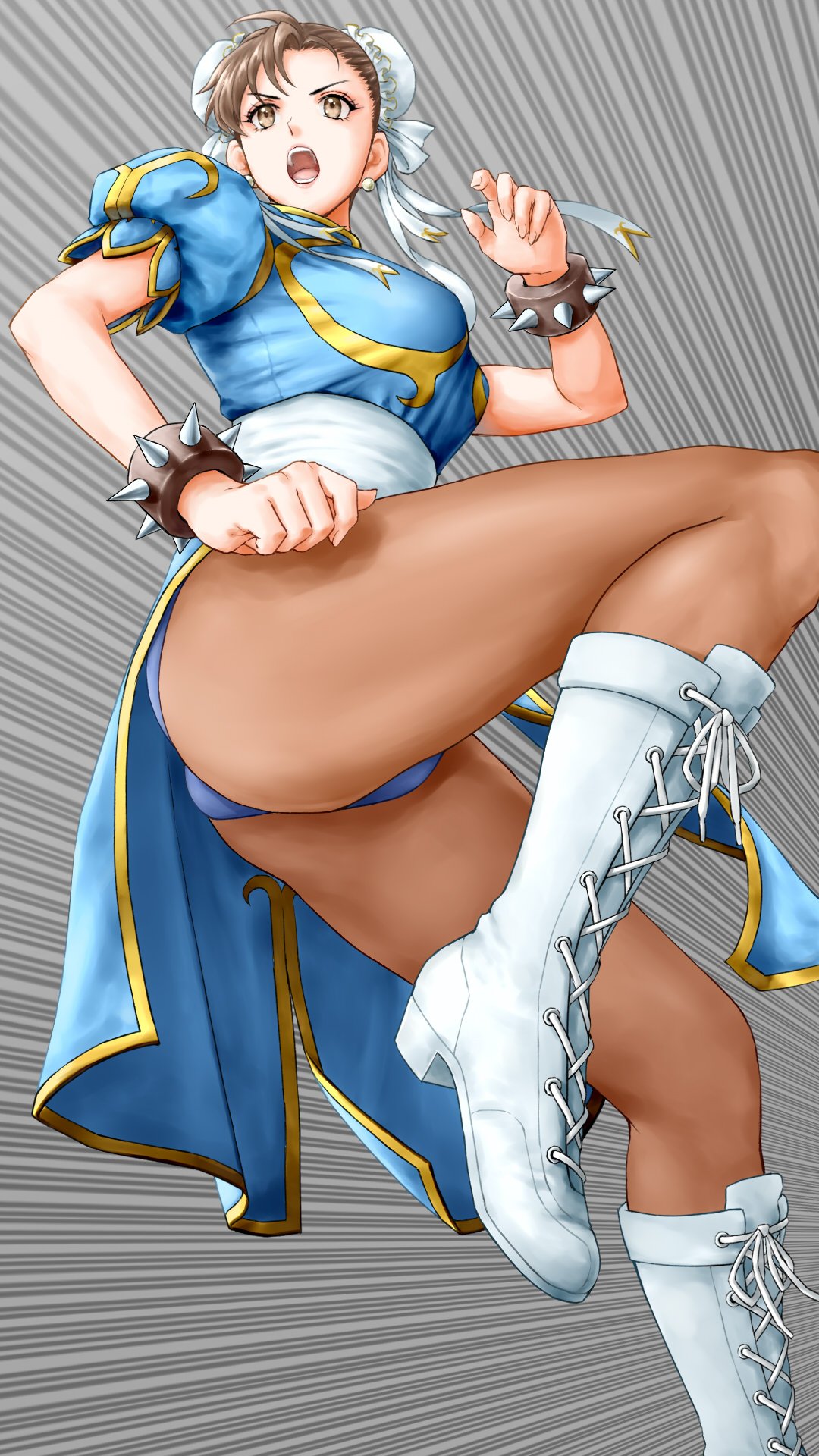 1girl ass boots bracelet breasts brown_eyes brown_hair china_dress chinese_clothes chun-li commentary_request double_bun dress earrings highres jewelry knee_boots leg_up medium_breasts open_mouth pantyhose pelvic_curtain puffy_short_sleeves puffy_sleeves short_sleeves solo spiked_bracelet spikes street_fighter tied_hair white_footwear x_chitch