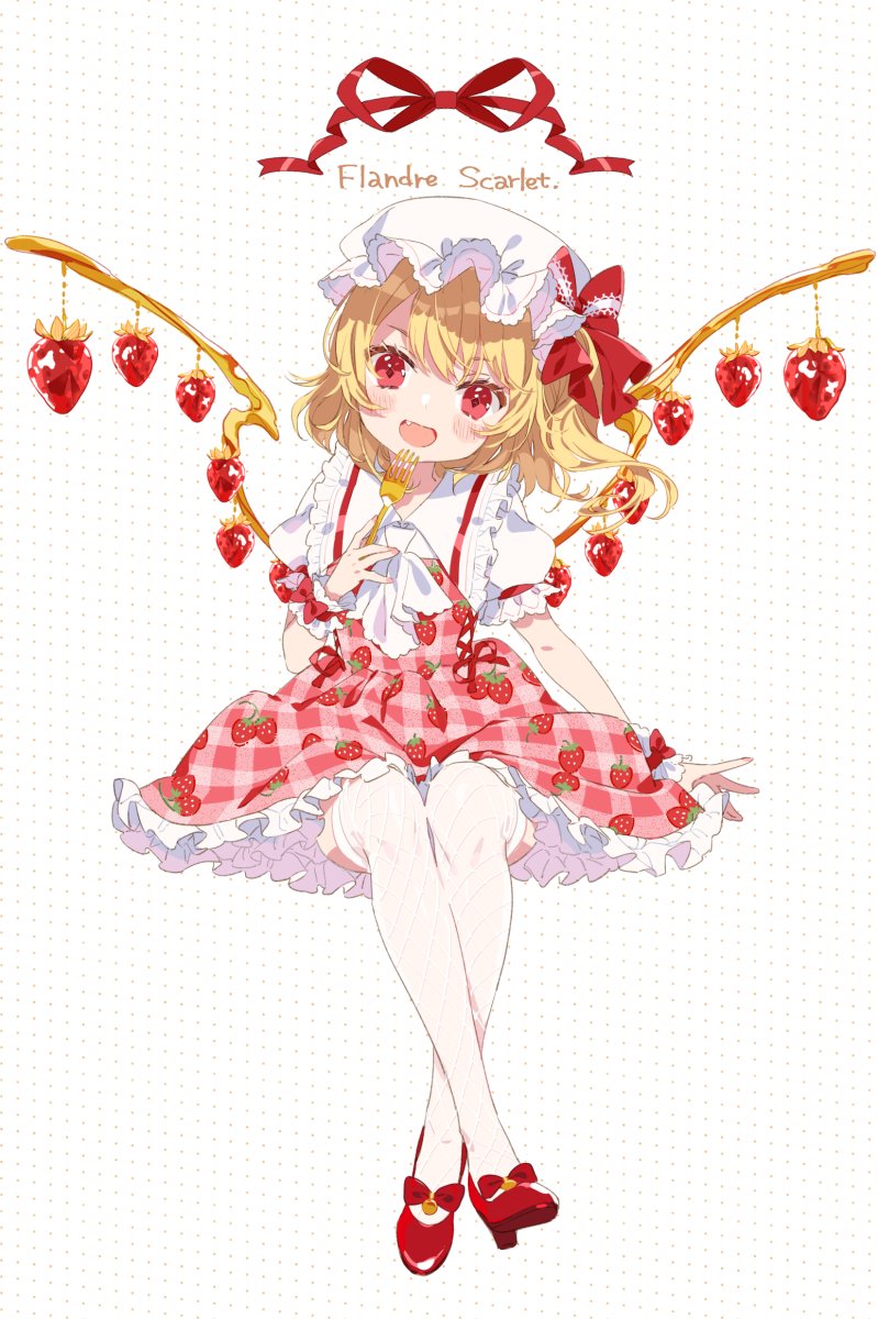 1girl :d alternate_costume alternate_wings arm_garter ascot bangs bell blonde_hair blush bow character_name collar collared_dress commentary_request cross-laced_clothes crossed_legs crystal dotted_background dress fang flandre_scarlet food_print fork frilled_collar frilled_dress frilled_sleeves frills full_body gold hand_up hat hat_bow head_tilt highres holding holding_fork jingle_bell looking_at_viewer miya_(ete) open_collar open_mouth outstretched_hand pink_dress plaid plaid_dress puffy_short_sleeves puffy_sleeves red_bow red_dress red_eyes red_footwear red_ribbon ribbon ribbon-trimmed_dress shiny_footwear shirt shoe_bow shoes short_hair short_sleeves sitting smile solo strawberry_print swept_bangs thigh-highs touhou undershirt white_background white_headwear white_legwear white_neckwear white_shirt wings wrist_bow wrist_cuffs zettai_ryouiki