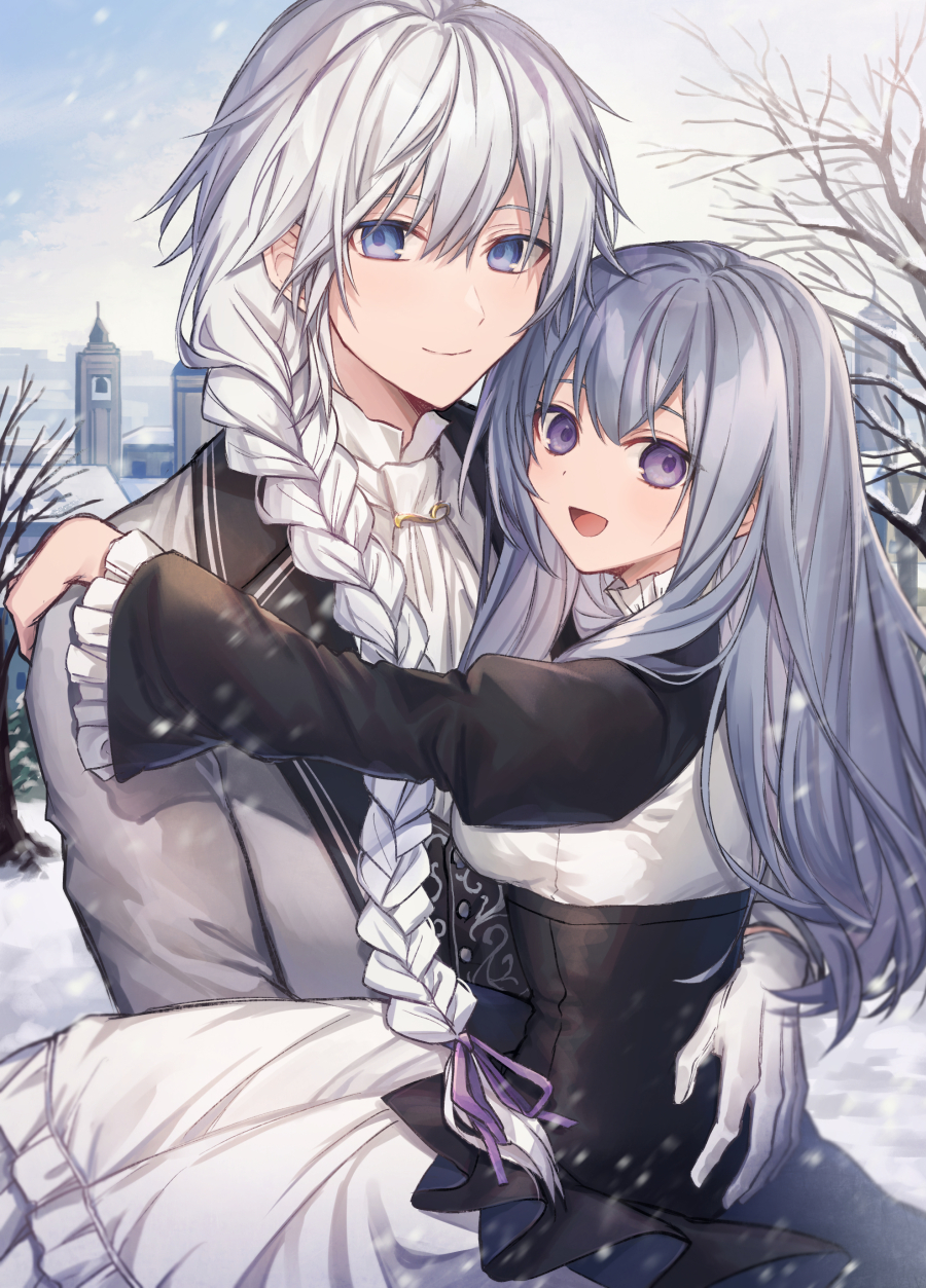 .com_(cu_105) 1boy 1girl :d apron bangs bare_tree bell bell_tower blue_eyes braid breasts character_request closed_mouth commentary_request day dress eyebrows_behind_hair eyebrows_visible_through_hair frilled_apron frilled_sleeves frills gloves grey_hair grey_jacket hair_between_eyes hair_over_shoulder hair_ribbon hand_on_another's_shoulder highres jacket kusuri_no_mamono_no_kaiko_riyuu long_hair long_sleeves looking_at_viewer looking_to_the_side medium_breasts open_mouth outdoors purple_ribbon ribbon silver_hair smile snow snowing tower tree very_long_hair violet_eyes waist_apron white_apron white_dress white_gloves white_neckwear wide_sleeves