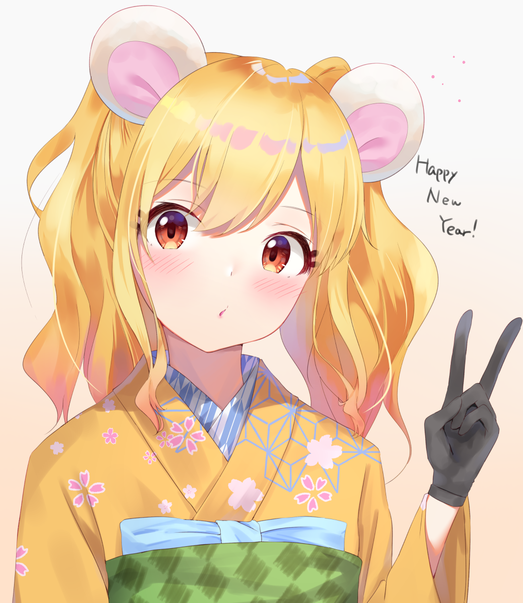 1girl aikatsu!_(series) aikatsu_stars! animal_ears bangs black_gloves blonde_hair blue_bow blush bow brown_background chinese_zodiac eyebrows_visible_through_hair floral_print gloves gradient gradient_background grey_background hair_between_eyes hand_up happy_new_year highres japanese_clothes k_mugura kemonomimi_mode kimono long_hair looking_at_viewer mouse_ears new_year nijino_yume obi parted_lips print_kimono red_eyes sash solo twintails v wide_sleeves year_of_the_rat yellow_kimono