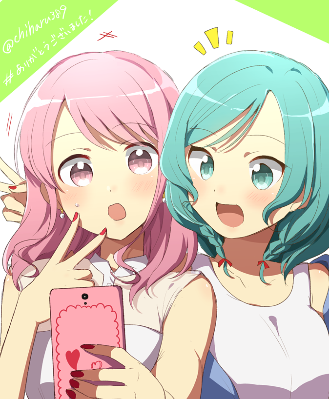 2girls :o aqua_eyes aqua_hair bang_dream! bangs blush cellphone harusawa hashtag hikawa_hina holding holding_phone long_hair maruyama_aya multiple_girls nail_polish notice_lines phone pink_eyes pink_hair red_nails self_shot short_hair side_braids smartphone sweatdrop thank_you twitter_username upper_body v