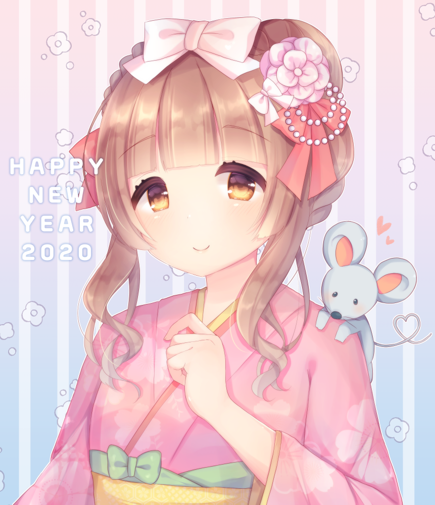 1girl animal animal_on_shoulder bow braid brown_eyes brown_hair caramel_(caramelmilk) chinese_zodiac closed_mouth commentary_request floral_background floral_print flower green_bow hair_bow hair_flower hair_ornament hand_up happy_new_year heart heart_tail japanese_clothes kimono long_hair long_sleeves mouse new_year obi original pink_flower pink_kimono print_kimono red_bow sash smile solo striped striped_background tail upper_body vertical-striped_background vertical_stripes white_bow wide_sleeves year_of_the_rat