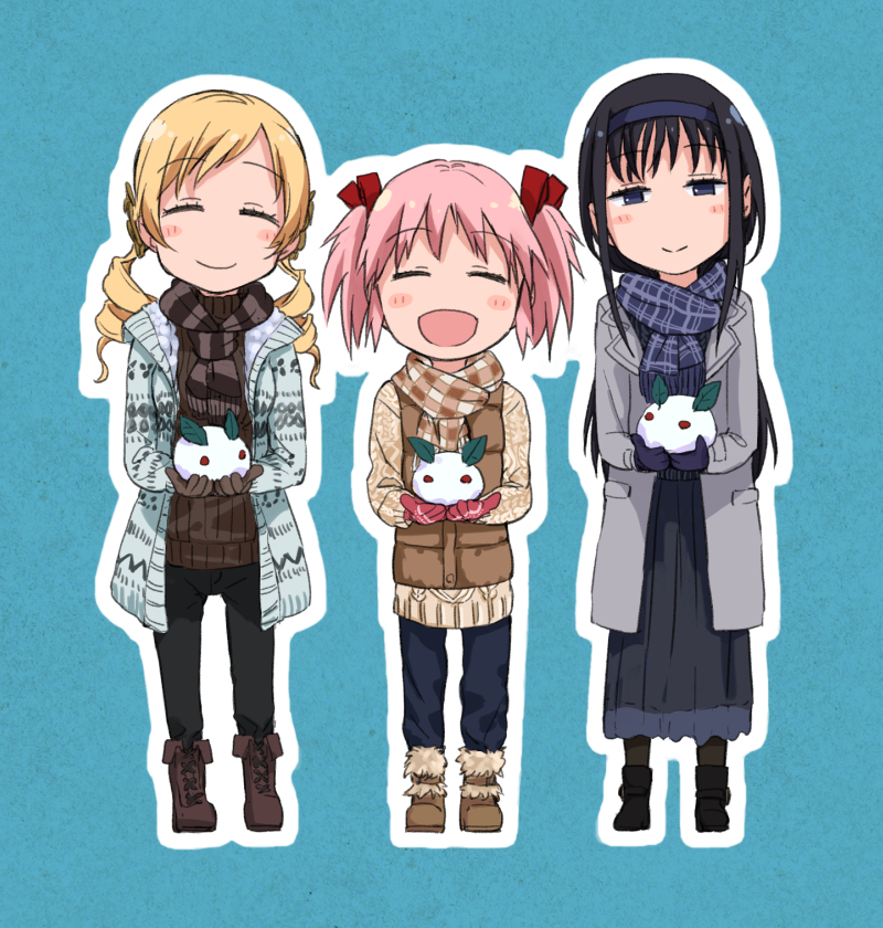3girls :d akemi_homura bangs black_footwear black_hair black_pants blonde_hair blue_pants blue_skirt blush_stickers boots brown_footwear brown_gloves brown_jacket brown_sweater closed_eyes closed_mouth coat cross-laced_footwear drill_hair eyebrows_visible_through_hair facing_viewer full_body fur-trimmed_boots fur_trim gloves grey_coat hair_ribbon hairband half-closed_eyes holding jacket kaname_madoka lace-up_boots long_hair long_skirt long_sleeves looking_at_viewer mahou_shoujo_madoka_magica multiple_girls open_clothes open_coat open_mouth outline pants pink_hair purple_gloves red_gloves red_ribbon ribbed_sweater ribbon ryuunosuke_(luckyneco) scarf skirt smile standing striped striped_scarf sweater tomoe_mami twin_drills twintails violet_eyes white_outline