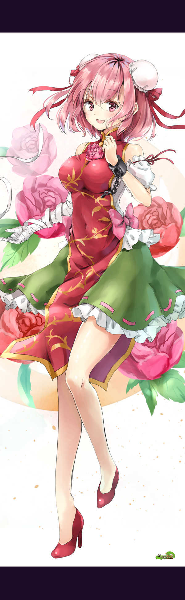 1girl :d bandaged_arm bandages bangs bare_legs bare_shoulders blush bow breasts chain cuffs double_bun eyebrows_visible_through_hair flower full_body green_skirt hair_between_eyes hair_bun hair_ribbon hand_up high_heels highres ibaraki_kasen large_breasts leaf letterboxed looking_at_viewer miniskirt off-shoulder_shirt off_shoulder open_mouth petticoat pink_bow pink_eyes pink_flower pink_hair pink_rose puffy_short_sleeves puffy_sleeves red_footwear red_ribbon ribbon rose shackles shironeko_yuuki shirt short_hair short_sleeves simple_background skirt smile solo standing standing_on_one_leg tabard thighs touhou white_background white_shirt