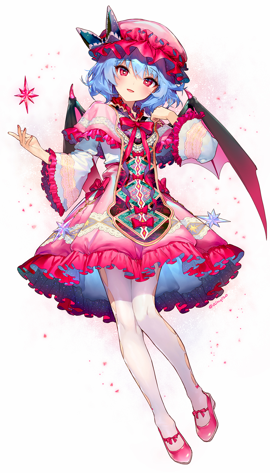 1girl :d ainy77 artist_name bangs bat_wings black_ribbon blue_hair blush bow bowtie capelet colorful commentary_request dress eyebrows_visible_through_hair frilled_capelet frilled_sleeves frills full_body hair_between_eyes hand_up hat hat_ribbon head_tilt highres long_sleeves looking_at_viewer mob_cap nail_polish open_mouth pantyhose pink_capelet pink_dress pink_footwear pink_headwear red_bow red_eyes red_nails red_neckwear remilia_scarlet ribbon shoes short_hair simple_background smile solo touhou twitter_username white_background white_legwear wide_sleeves wings