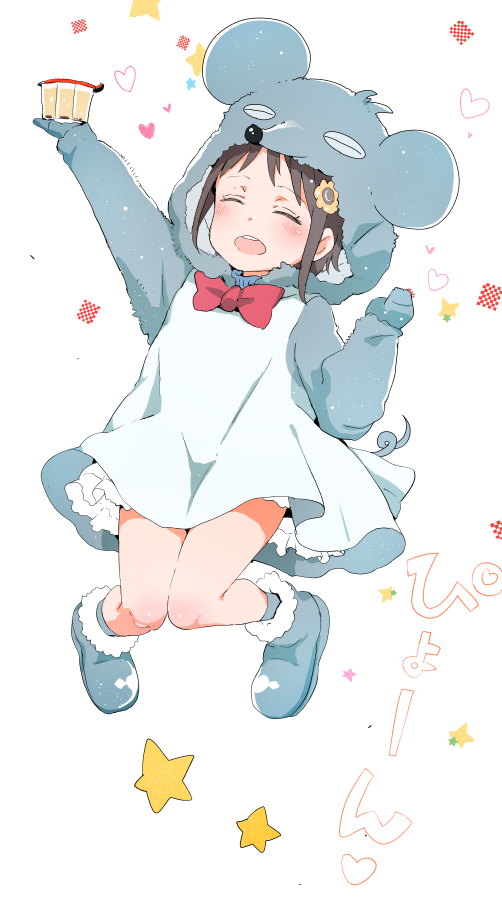 1girl :d animal_costume animal_ears ano_ko_wa_toshi_densetsu arm_up blush boots brown_hair chinese_zodiac closed_eyes commentary_request dress fake_animal_ears flower food fur-trimmed_boots fur_trim gomennasai grey_dress grey_footwear grey_legwear grey_mittens hair_flower hair_ornament holding holding_food hood hood_up hooded_dress long_sleeves mittens mouse_costume mouse_ears mouse_girl mouse_hood mouse_tail open_mouth orange_flower outstretched_arm pudding sidelocks smile socks solo star tail translation_request upper_teeth year_of_the_rat zangyaku-san