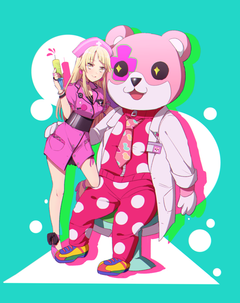 +_+ 2girls :3 :d :q animal_costume ankle_ribbon ankle_strap aqua_background arm_around_waist badge bang_dream! bangs bear_costume black_ribbon blonde_hair bracelet button_badge chair choker collared_dress dress drop_shadow earrings facial_mark full_body gloves harusawa hat high_heels holding jacket jewelry labcoat leaning_on_person long_hair long_sleeves looking_at_viewer marker mascot_costume michelle_(bang_dream!) multicolored_footwear multiple_girls nail_polish name_tag nurse_cap open_mouth pants pink_choker pink_dress pink_jacket pink_pants polka_dot polka_dot_jacket polka_dot_pants red_nails ribbon sash shoes short_sleeves sitting smile sneakers standing standing_on_one_leg syringe tongue tongue_out track_suit tsurumaki_kokoro white_gloves yellow_eyes