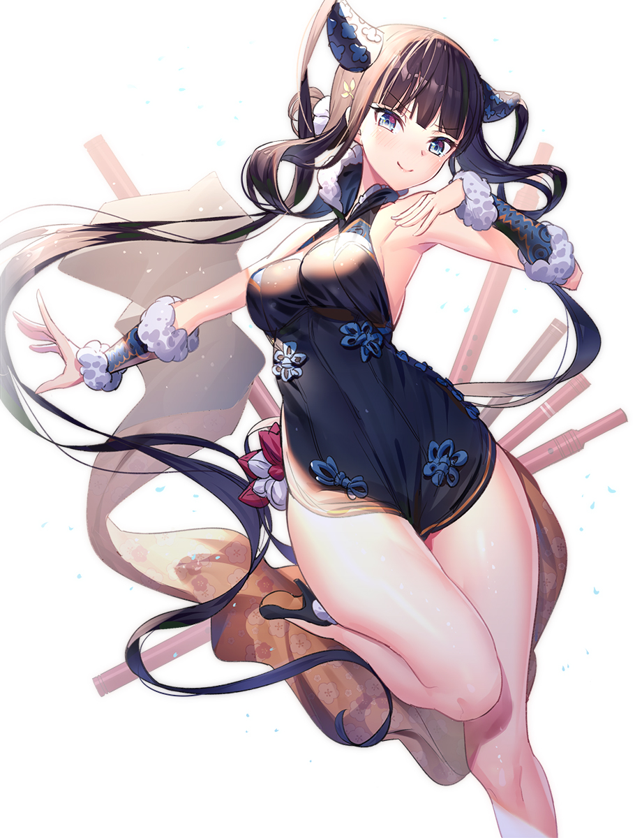 &gt;:) 1girl armband armpits bangs bare_shoulders black_dress black_footwear black_hair blue_eyes blush breasts closed_mouth commentary_request detached_sleeves dress eyebrows_visible_through_hair fate/grand_order fate_(series) floral_print flute fur_trim hair_ornament high_heels highres instrument long_hair looking_at_viewer medium_breasts outstretched_arm ririko_(zhuoyandesailaer) shoe_soles shoes short_dress sidelocks simple_background sleeveless sleeveless_dress smile solo standing standing_on_one_leg thighs twintails v-shaped_eyebrows very_long_hair white_background yang_guifei_(fate/grand_order)