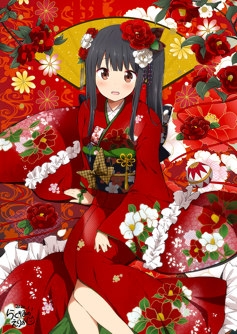1girl ball bangs black_hair blush brown_eyes chijou_noko chikanoko commentary_request dated eyebrows_visible_through_hair floral_print flower frilled_kimono frills hair_flower hair_ornament japanese_clothes kimono long_hair long_sleeves looking_at_viewer obi open_mouth print_kimono ragho_no_erika red_flower red_kimono sash side_ponytail sidelocks signature sleeves_past_wrists solo temari_ball white_flower wide_sleeves